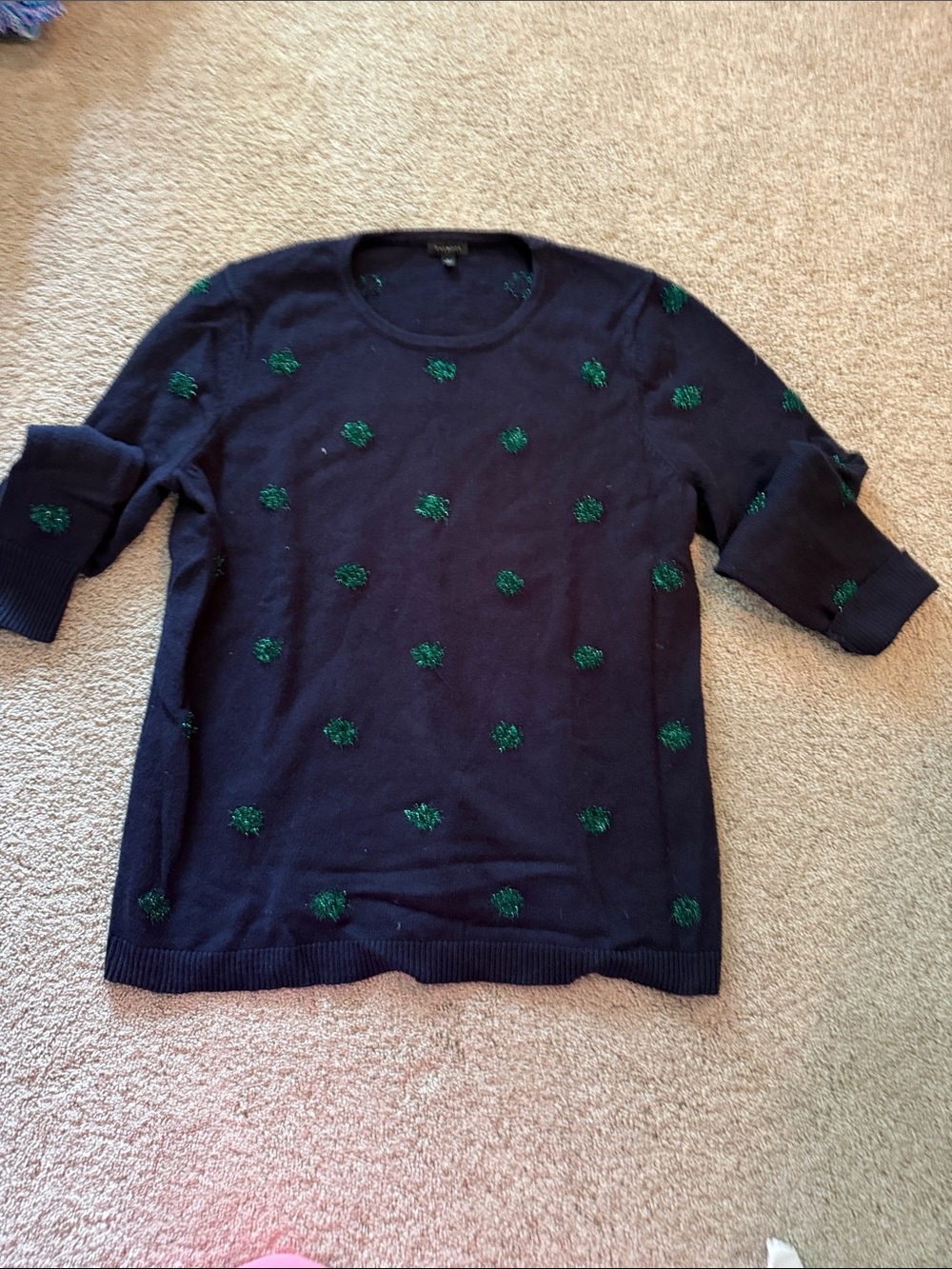 Talbots Navy Crewneck Sweater with Green Tufted Dots